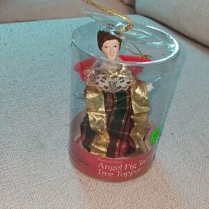 Angel Pig Tail Tree Topper with Gold and Red Accents